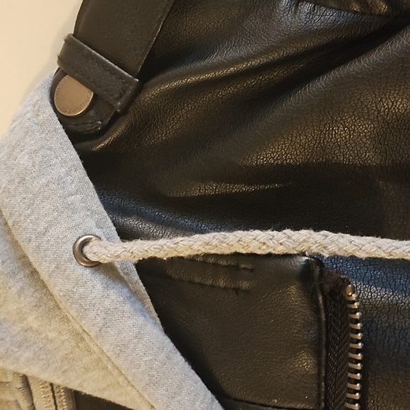 Women's Black Faux Leather Jacket with Gray Hoodie - Picture 6 of 10